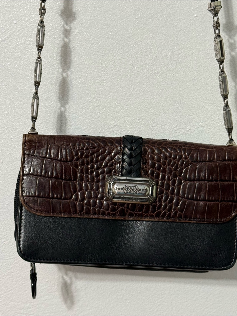 Brighton black and brown crocodile-embossed leather crossbody wallet